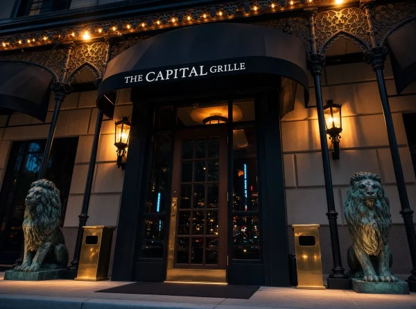 The Capital Grille entrance with bronze lions and lantern lighting at night