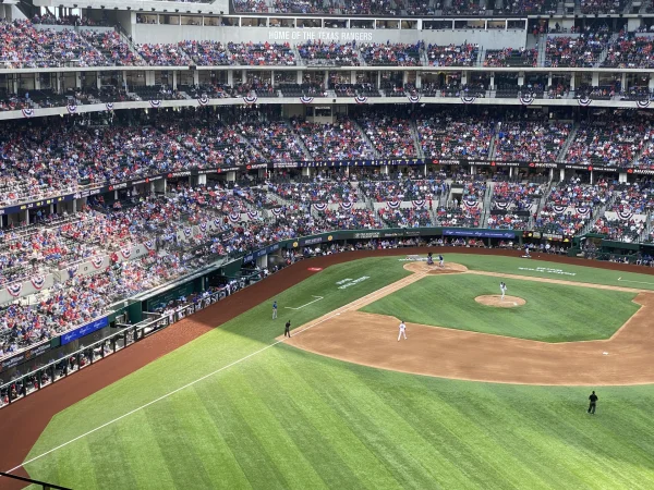 Texas Rangers - Infield view from the upper deck with bunting across a packed Globe Life Field - Dallas VIP