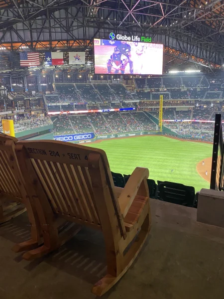 Texas Rangers - Wooden rocking chair seats in Section 204 overlooking the field at Globe Life Field - Dallas VIP