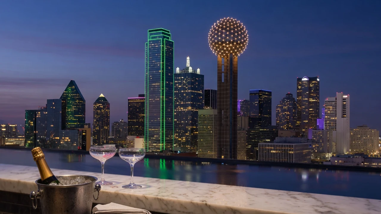 Downtown Dallas skyline at blue hour from a rooftop terrace, champagne on ice